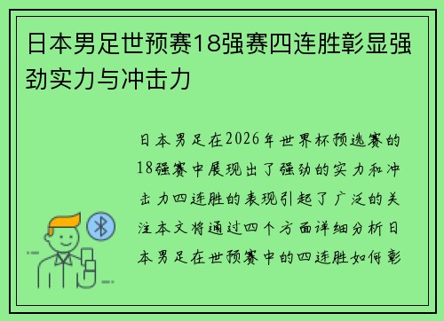 日本男足世预赛18强赛四连胜彰显强劲实力与冲击力